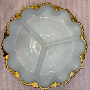 EUC VINTAGE ANCHOR HOCKING MILK GLASS TRIPLE SECTION SERVICE DISH WITH GOLD RIM